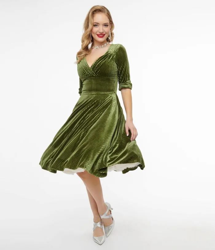 1950s Moss Green Velvet Delores Swing Dress Dresses Unique Vintage Swing