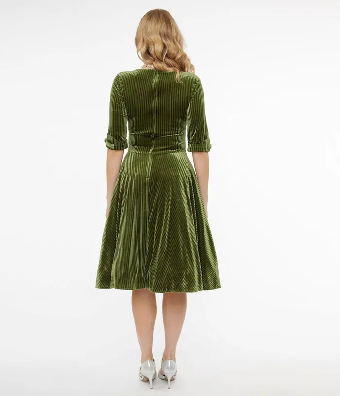 1950s Moss Green Velvet Delores Swing Dress Dresses Unique Vintage Swing