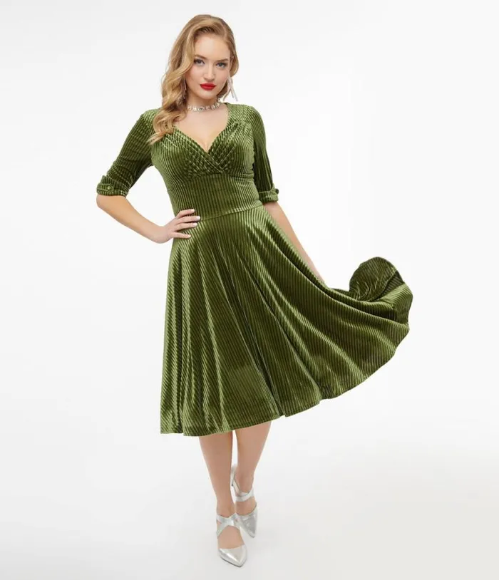 1950s Moss Green Velvet Delores Swing Dress Dresses Unique Vintage Swing