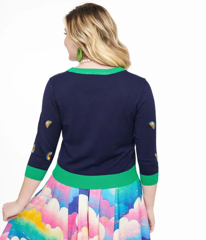1950s Navy and Green Rainbow Embroidered Skye Cardigan Clothing Unique Vintage Sweaters and Cardigans