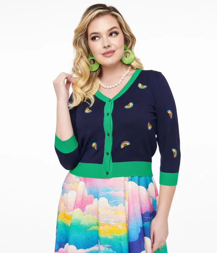 1950s Navy and Green Rainbow Embroidered Skye Cardigan Clothing Unique Vintage Sweaters and Cardigans