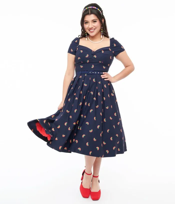 1950s Navy and Rainbow Stamp Midge Swing Dress Dresses Unique Vintage Swing