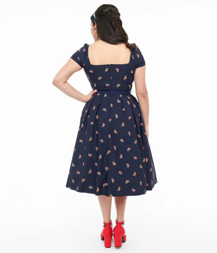 1950s Navy and Rainbow Stamp Midge Swing Dress Dresses Unique Vintage Swing