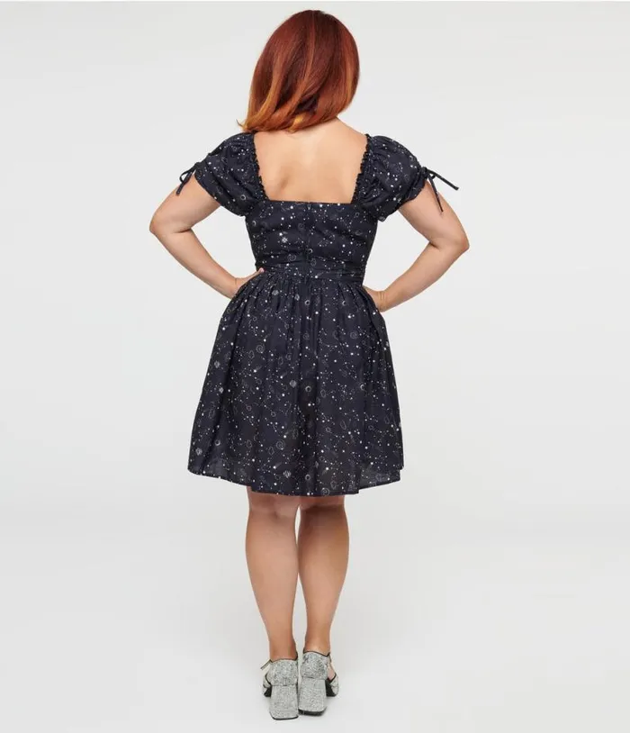 1950s Navy Cosmos Print Swing Dress Dresses Unique Vintage Pocket Dresses