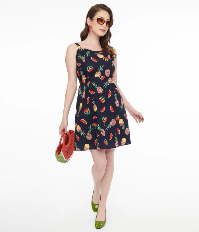 1950s Navy Fruit Print Fit and Flare Dress Dresses Unique Vintage Pocket Dresses 1950s Navy Fruit Print Fit and Flare Dress Dresses Unique Vintage Pocket Dresses