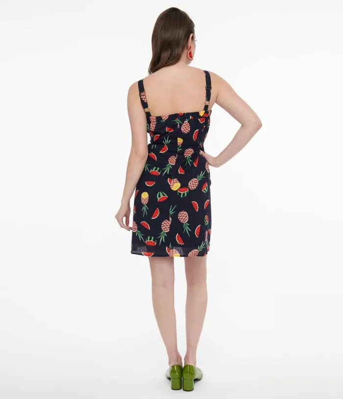 1950s Navy Fruit Print Fit and Flare Dress Dresses Unique Vintage Pocket Dresses