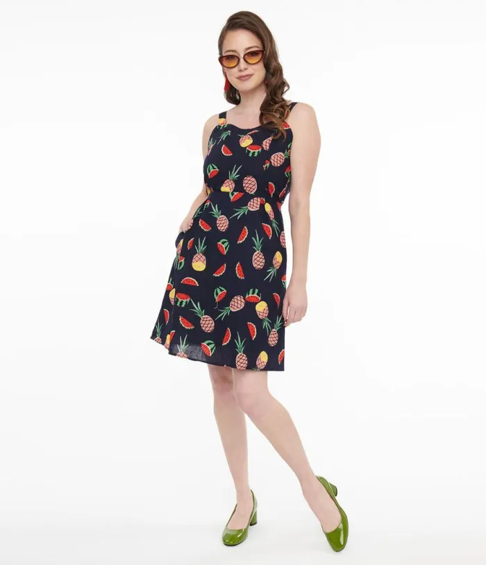 1950s Navy Fruit Print Fit and Flare Dress Dresses Unique Vintage Pocket Dresses