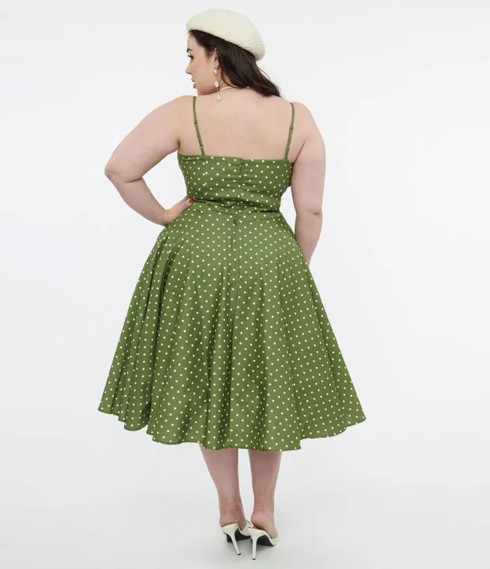 1950s Olive Green and White Polka Dot Peggy Cotton Swing Dress DressesPlus Unique Vintage Pocket Dresses