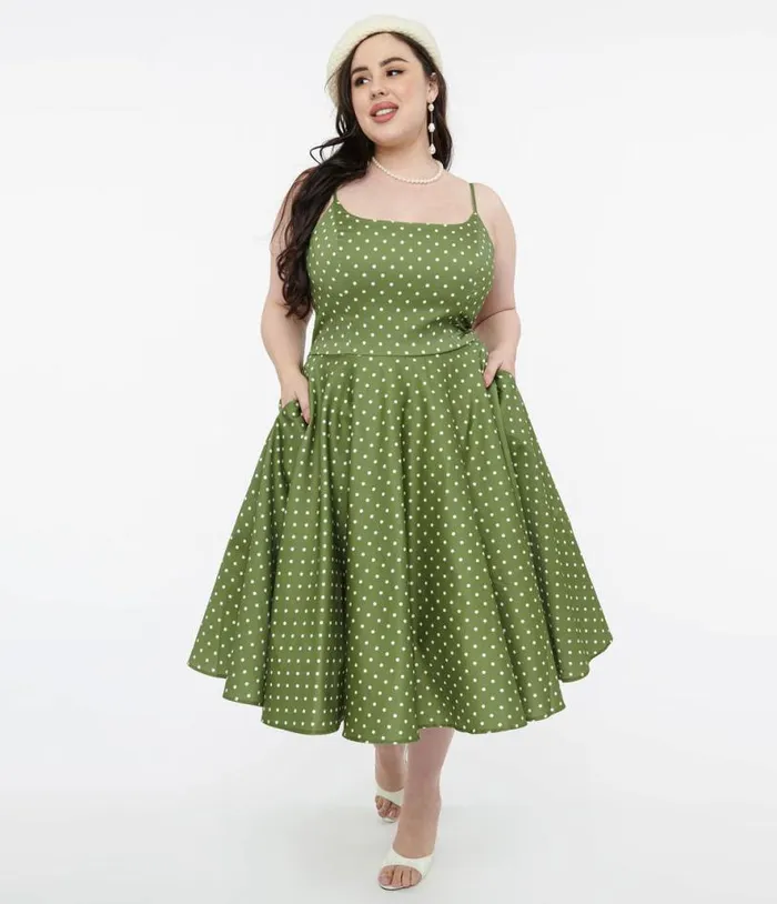 1950s Olive Green and White Polka Dot Peggy Cotton Swing Dress DressesPlus Unique Vintage Pocket Dresses