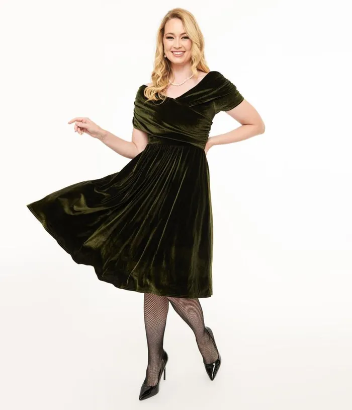 1950s Olive Green Shirred Velvet Swing Dress Dresses Unique Vintage Pocket Dresses 1950s Olive Green Shirred Velvet Swing Dress Dresses Unique Vintage Pocket Dresses