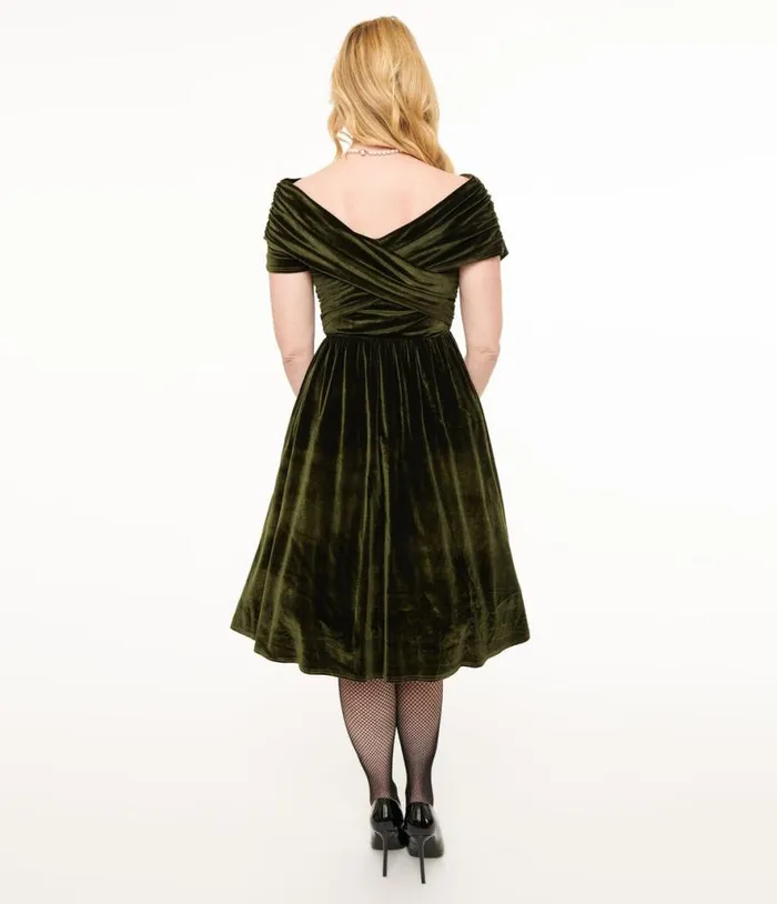 1950s Olive Green Shirred Velvet Swing Dress Dresses Unique Vintage Pocket Dresses