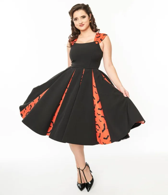 1950s Orange and Black Bat Stripe Swing Dress DressesHalloween Unique Vintage Pocket Dresses 1950s Orange and Black Bat Stripe Swing Dress DressesHalloween Unique Vintage Pocket Dresses