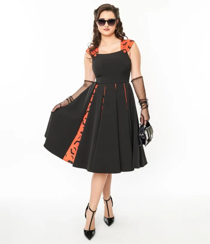 1950s Orange and Black Bat Stripe Swing Dress DressesHalloween Unique Vintage Pocket Dresses