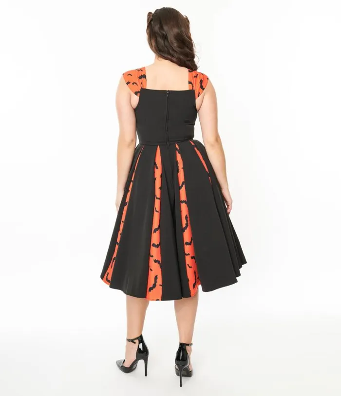1950s Orange and Black Bat Stripe Swing Dress DressesHalloween Unique Vintage Pocket Dresses