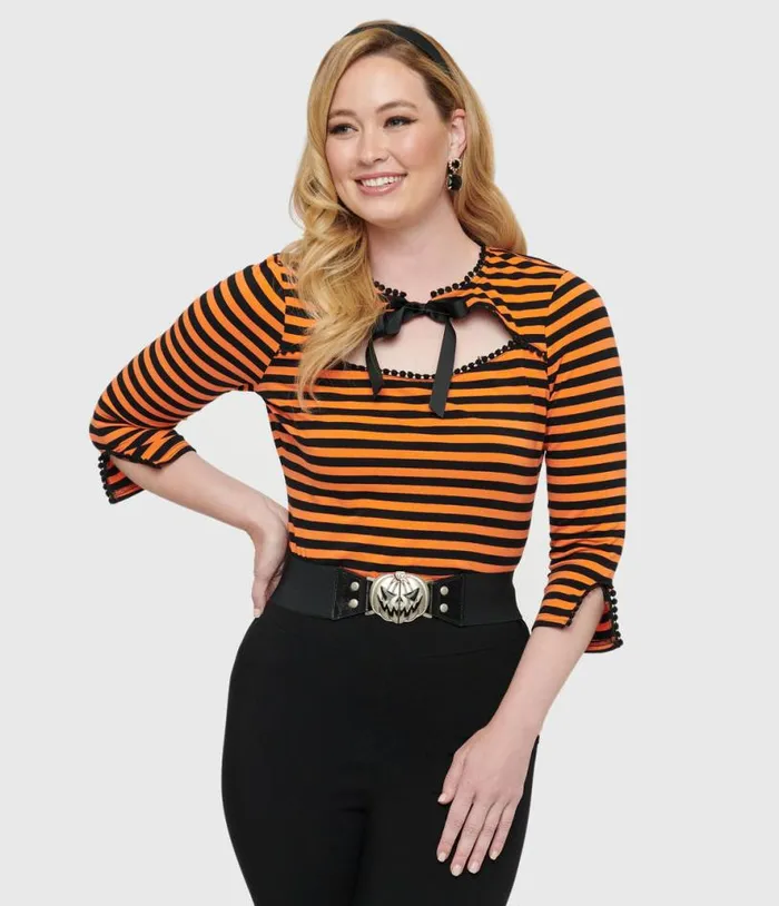 1950s Orange and Black Stripe Cutout Neck Tie Top Halloween Unique Vintage Tops 1950s Orange and Black Stripe Cutout Neck Tie Top Halloween Unique Vintage Tops