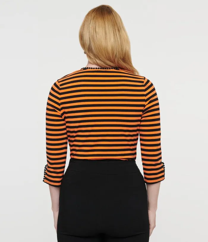 1950s Orange and Black Stripe Cutout Neck Tie Top Halloween Unique Vintage Tops