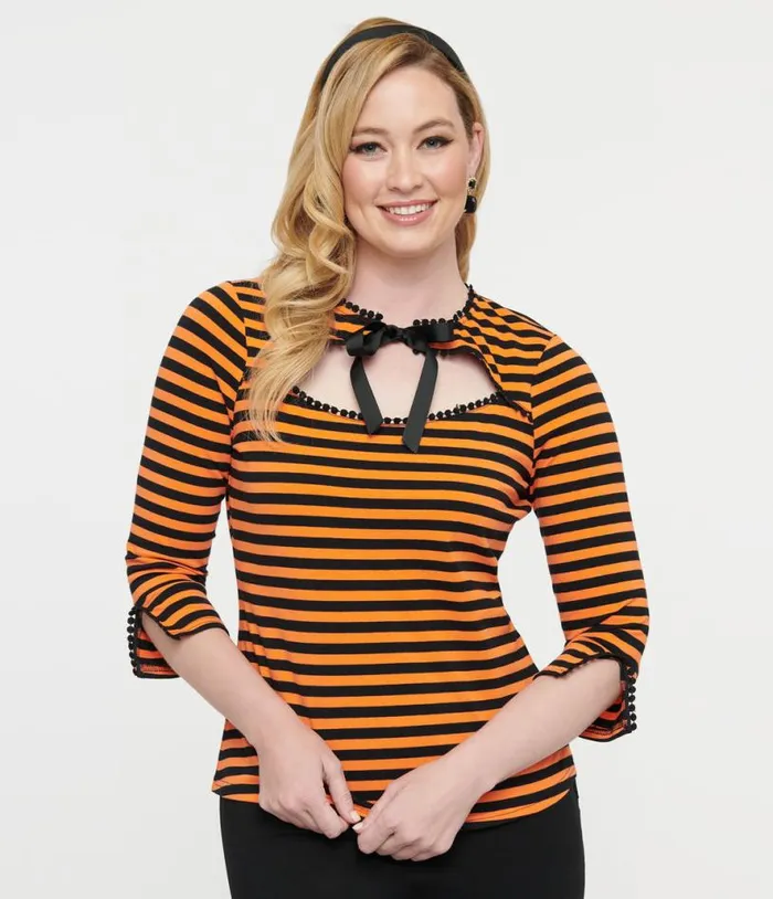 1950s Orange and Black Stripe Cutout Neck Tie Top Halloween Unique Vintage Tops