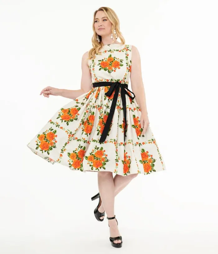 1950s Orange Fall Floral Sleeveless Swing Dress Dresses Unique Vintage Pocket Dresses