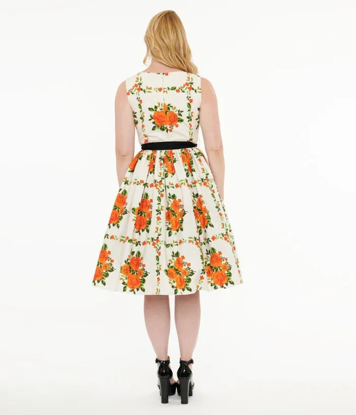 1950s Orange Fall Floral Sleeveless Swing Dress Dresses Unique Vintage Pocket Dresses