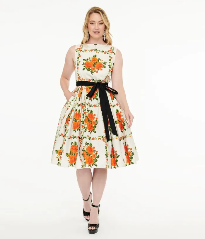 1950s Orange Fall Floral Sleeveless Swing Dress Dresses Unique Vintage Pocket Dresses