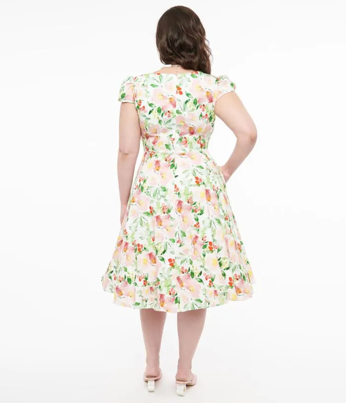 1950s Pink and Green Floral Cotton Larisa Swing Dress DressesPlus Unique Vintage Pocket Dresses