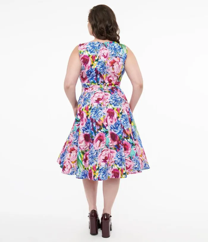 1950s Pink and Purple Floral Cotton Elsa Swing Dress DressesPlus Unique Vintage Pocket Dresses