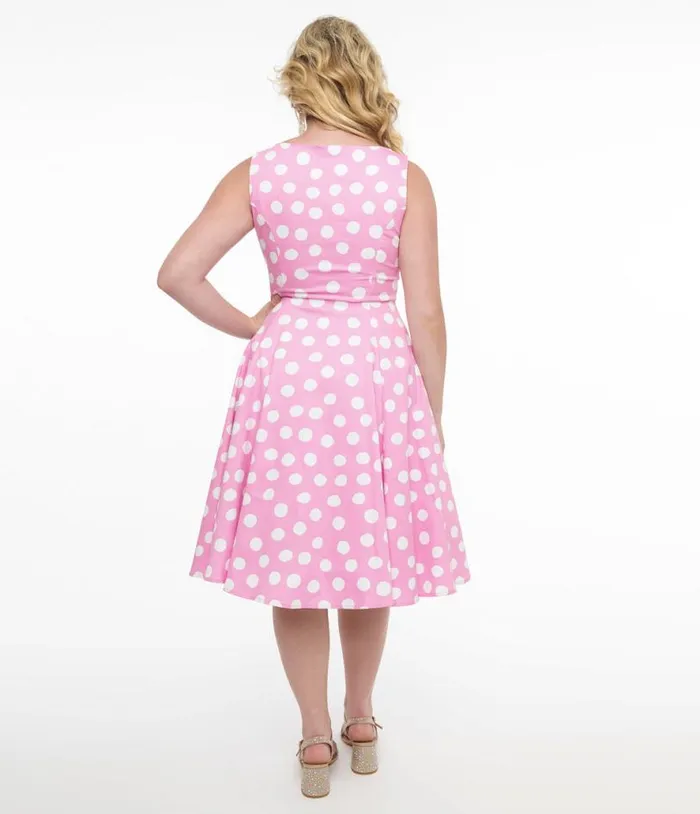 1950s Pink and White Polka Dot Cotton Lyra Swing Dress Dresses Unique Vintage Pocket Dresses
