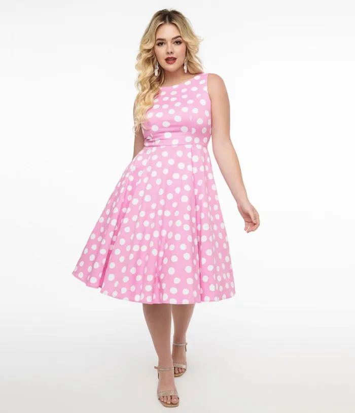 1950s Pink and White Polka Dot Cotton Lyra Swing Dress Dresses Unique Vintage Pocket Dresses