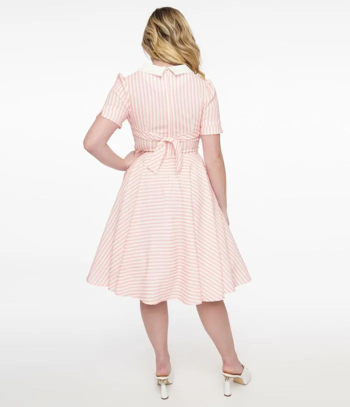 1950s Pink and White Striped Brielle Swing Dress Dresses Unique Vintage Pocket Dresses