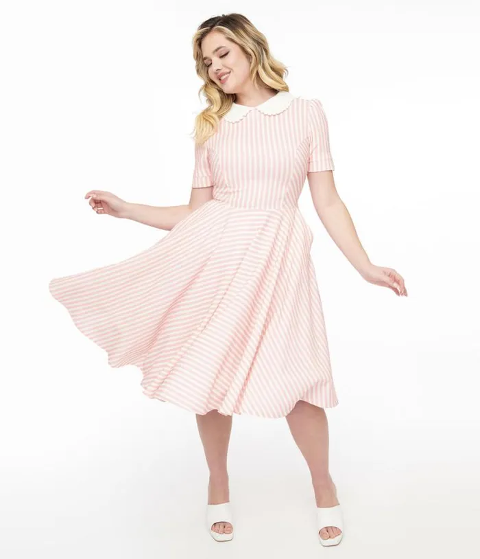 1950s Pink and White Striped Brielle Swing Dress Dresses Unique Vintage Pocket Dresses