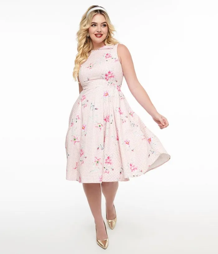 1950s Pink Gingham and Floral Cotton Swing Dress DressesPlus Unique Vintage Pocket Dresses 1950s Pink Gingham and Floral Cotton Swing Dress DressesPlus Unique Vintage Pocket Dresses