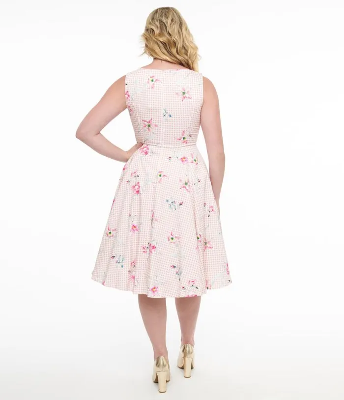 1950s Pink Gingham and Floral Cotton Swing Dress DressesPlus Unique Vintage Pocket Dresses