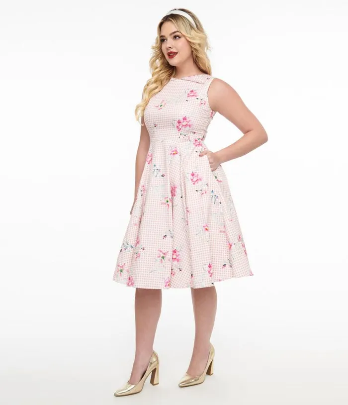 1950s Pink Gingham and Floral Cotton Swing Dress DressesPlus Unique Vintage Pocket Dresses