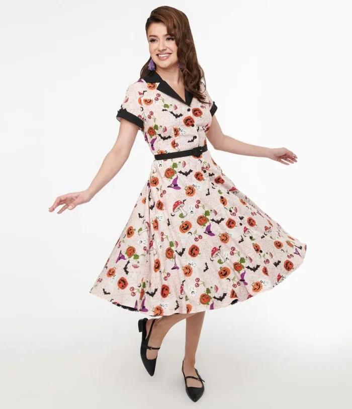 1950s Pink Halloween Print Alexis Swing Dress DressesHalloween Unique Vintage Pocket Dresses