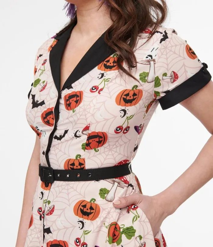 1950s Pink Halloween Print Alexis Swing Dress DressesHalloween Unique Vintage Pocket Dresses