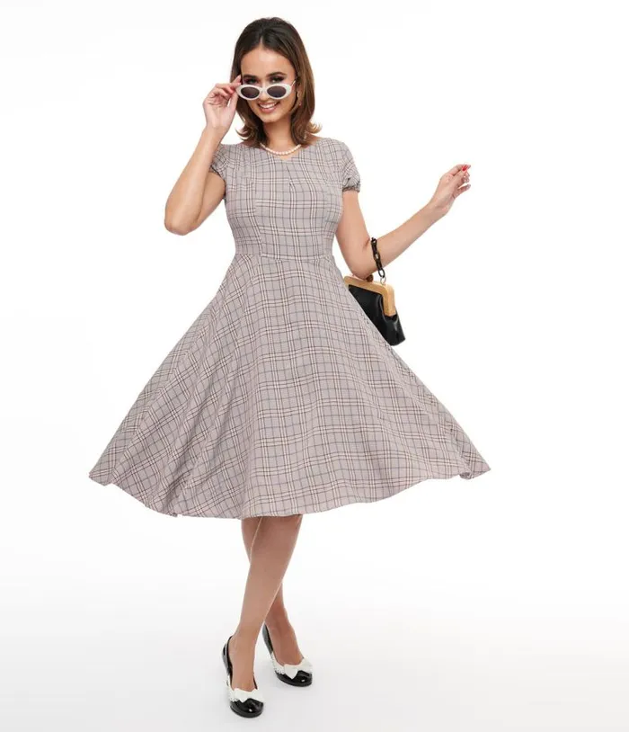 1950s Pink Plaid Fit and Flare Dress DressesPlus Unique Vintage Pocket Dresses