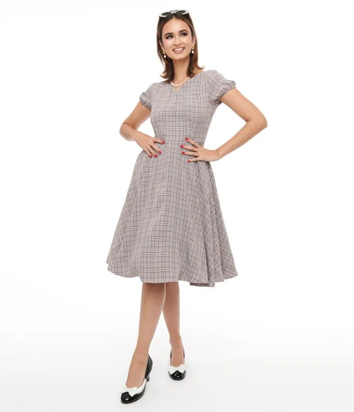 1950s Pink Plaid Fit and Flare Dress DressesPlus Unique Vintage Pocket Dresses