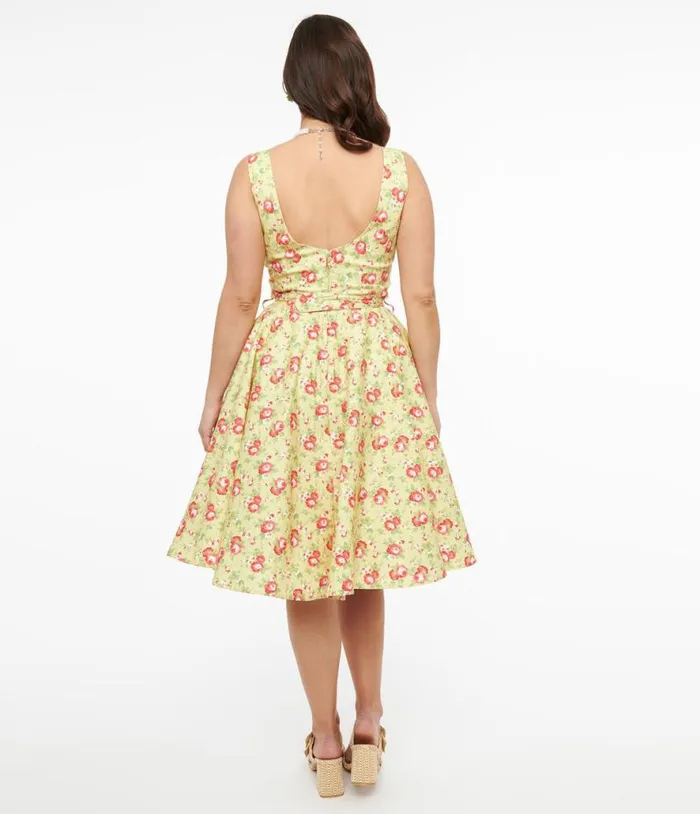 1950s Pistachio Green and Pink Floral Cotton Selda Swing Dress Dresses Unique Vintage Pocket Dresses