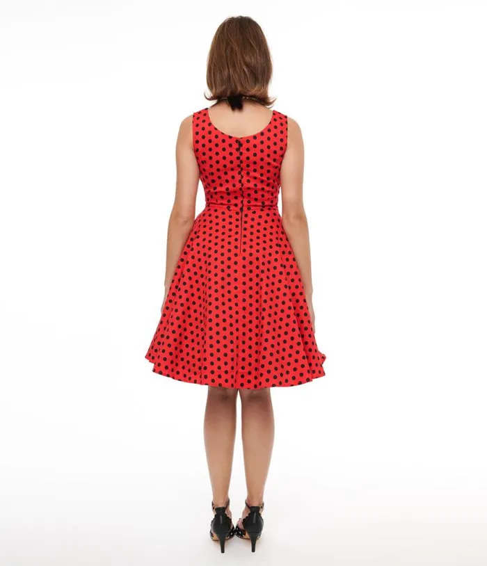 1950s Red and Black Polka Dot Fit and Flare Dress DressesPlus Unique Vintage Pocket Dresses