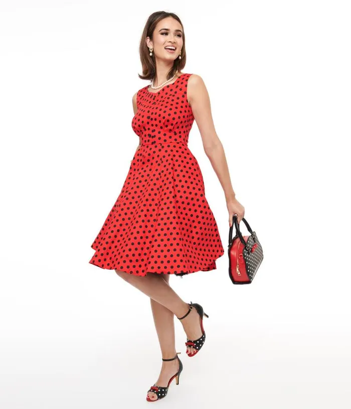 1950s Red and Black Polka Dot Fit and Flare Dress DressesPlus Unique Vintage Pocket Dresses