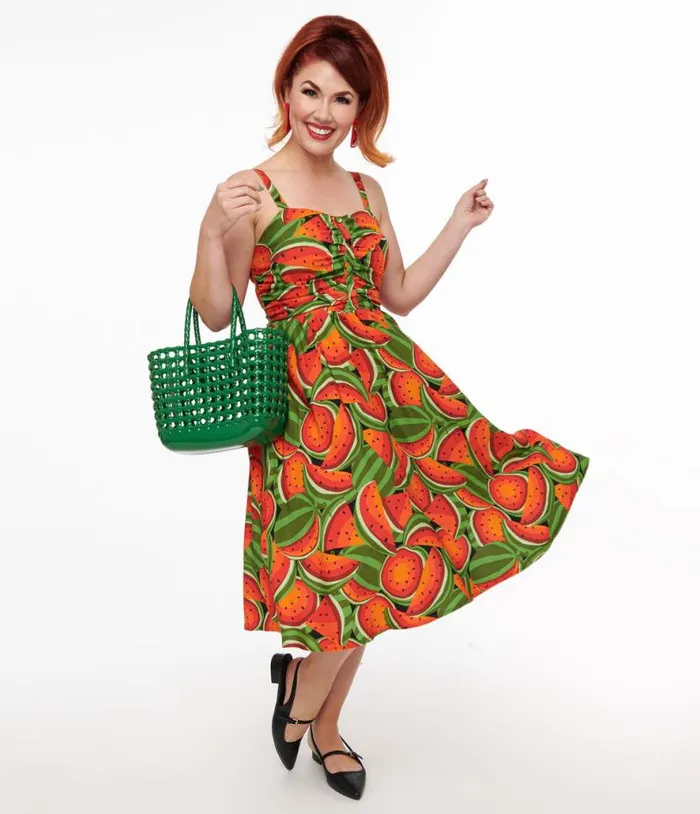 1950s Red and Green Watermelon Print Eden Fit and Flare Dress Dresses Unique Vintage Pocket Dresses 1950s Red and Green Watermelon Print Eden Fit and Flare Dress Dresses Unique Vintage Pocket Dresses