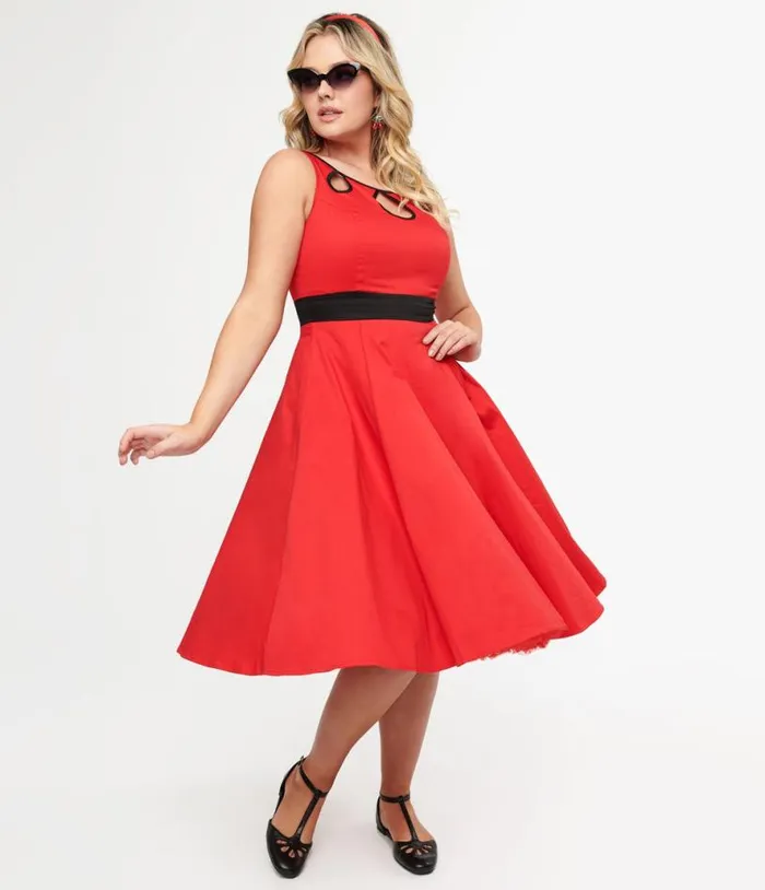 1950s Red Keyhole Cotton Swing Dress Dresses Unique Vintage Swing