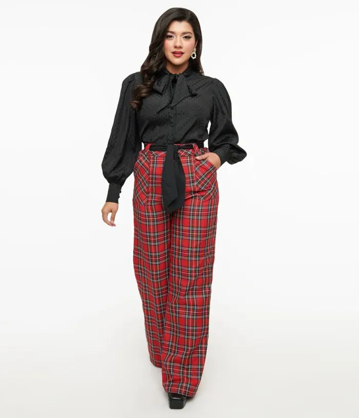 1950s Red Plaid Wide Leg Trousers Clothing Unique Vintage Pants