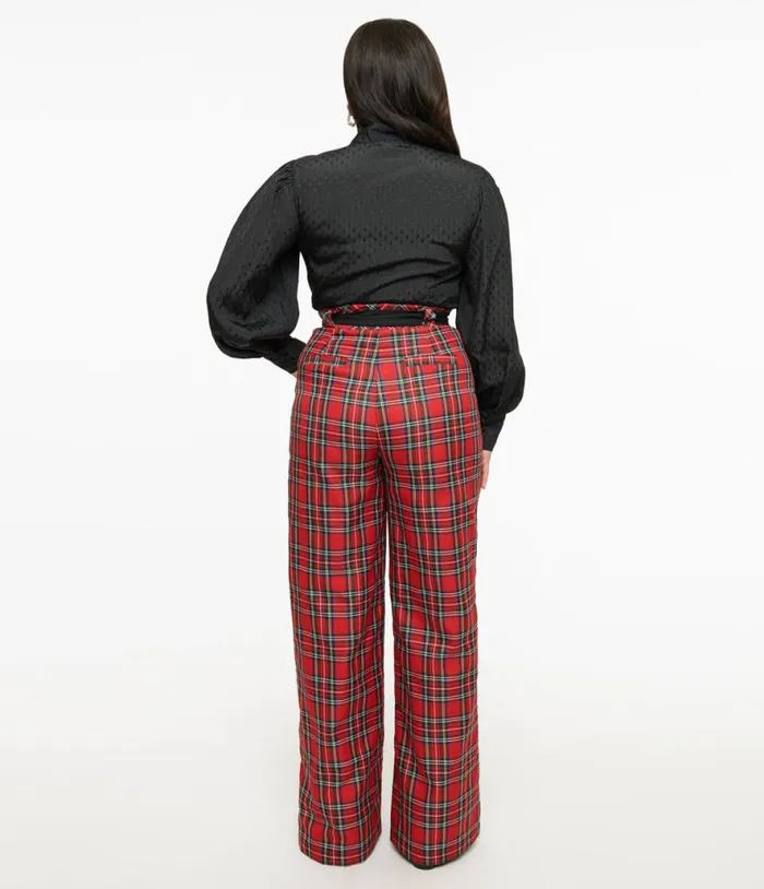 1950s Red Plaid Wide Leg Trousers Clothing Unique Vintage Pants