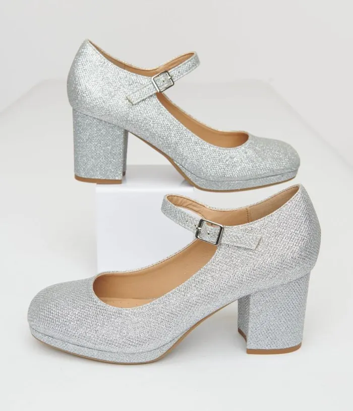 1950s Silver Square Toe Mary Jane Pumps Shoes Unique Vintage Heels