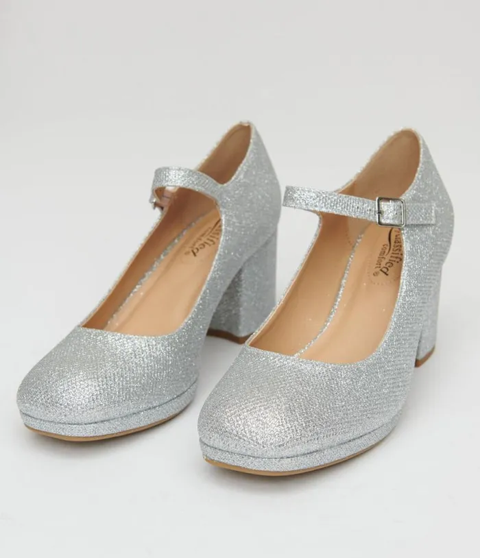 1950s Silver Square Toe Mary Jane Pumps Shoes Unique Vintage Heels