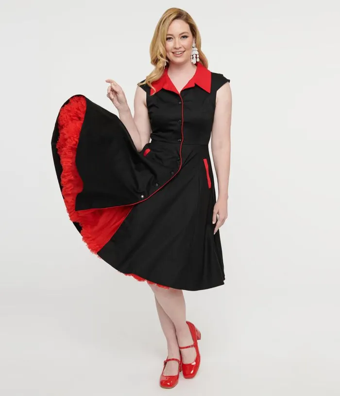 1950s Style Black and Red Cap Sleeve Button Up Diablo Swing Dress Dresses Unique Vintage Pocket Dresses 1950s Style Black and Red Cap Sleeve Button Up Diablo Swing Dress Dresses Unique Vintage Pocket Dresses