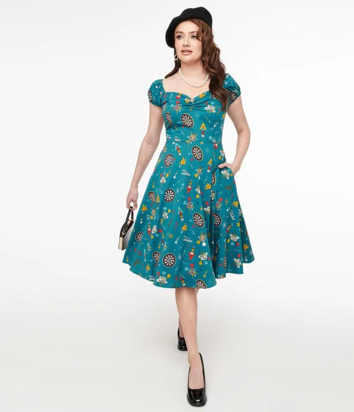 1950s Teal Dart Board Keep Em Flying Cotton Swing Dress Dresses Unique Vintage Pocket Dresses 1950s Teal Dart Board Keep Em Flying Cotton Swing Dress Dresses Unique Vintage Pocket Dresses