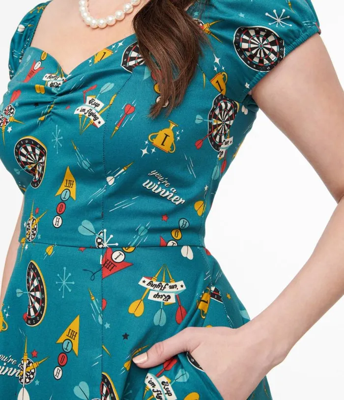 1950s Teal Dart Board Keep Em Flying Cotton Swing Dress Dresses Unique Vintage Pocket Dresses