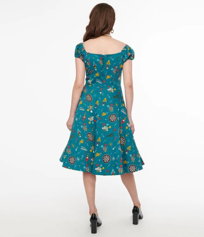 1950s Teal Dart Board Keep Em Flying Cotton Swing Dress Dresses Unique Vintage Pocket Dresses